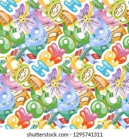 Hello. Seamless vector pattern with cute cartoon monsters and beasts. Nice for packaging, wrapping paper, coloring pages, wallpaper, fabric, fashion, home decor, prints etc. Vector illustration