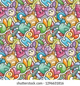 Hello. Seamless vector pattern with cute cartoon monsters and beasts. Nice for packaging, wrapping paper, coloring pages, wallpaper, fabric, fashion, home decor, prints etc. Vector illustration