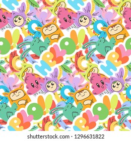 Hello. Seamless vector pattern with cute cartoon monsters and beasts. Nice for packaging, wrapping paper, coloring pages, wallpaper, fabric, fashion, home decor, prints etc. Vector illustration
