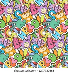 Hello. Seamless vector pattern with cute cartoon monsters and beasts. Nice for packaging, wrapping paper, coloring pages, wallpaper, fabric, fashion, home decor, prints etc. Vector illustration