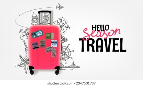 Hello season travel concept with suitcase and doodle elements. Vector banner with lettering text