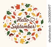 Hello September autumn card with fall elements, colorful leaves, and mushrooms, perfect for seasonal greetings, decorations, and cozy autumn designs