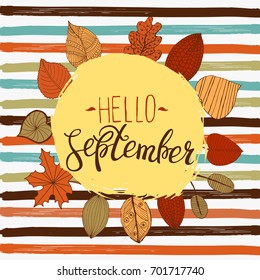 Hello september autumn flyer template with lettering. Bright fall leaves. Poster, card, label, banner design. Vector illustration EPS10