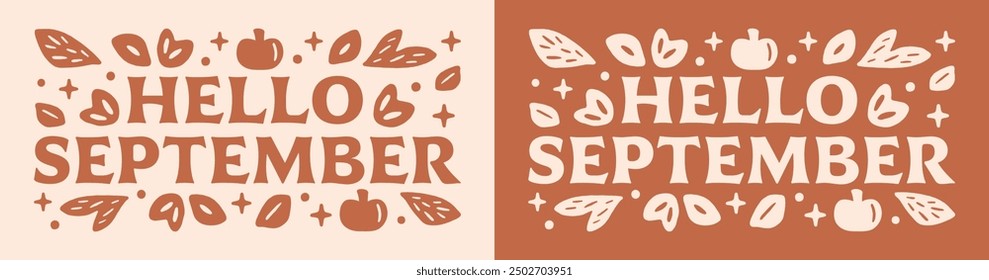 Hola Septiembre Anuncio encabezado tarjeta naranja terracota color cálido hojas naturales calabazas ilustración otoño estación cottagecore boho witchy estética camisa diseño imprimible pegatina corte archivo.