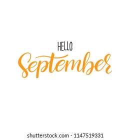 Hello September calligraphy. Autumn greeting card. Hand-drawn illustration