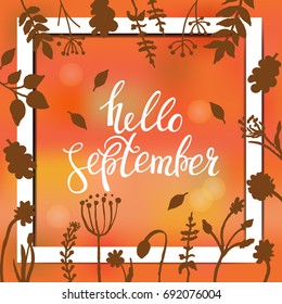 Hello september card design with abstract background and text in square frame, vector illustration. Lettering design element.