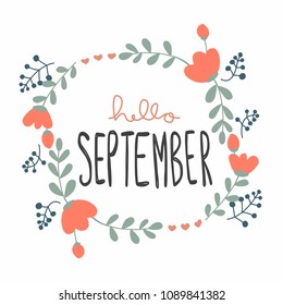Hello September cute flower wreath vector illustration doodle style
