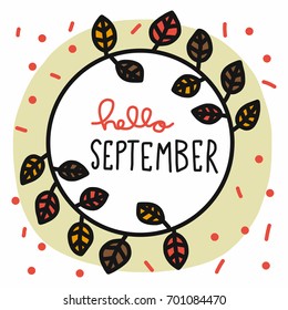 Hello September dry leaf wreath cartoon vector illustration
