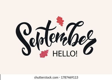 Hello September handwritten text isolated on white background. Colorful vector illustration. Modern brush ink calligraphy and autumn leaves. Hand lettering for postcard, logo, poster, print. 