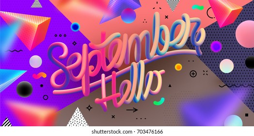 Hello September lettering | Autumn festive placard cover template | Geometric patterns and elements | Vector illustration