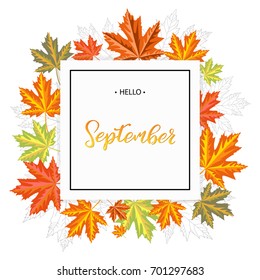 Hello september lettering print with autumn leaves. Vector illustration.