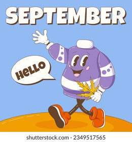 Hello September. Retro groovy sweater character greets and holding a maple leaf. Autumn, fall background, square format, dialog box. Vector cartoon illustration.