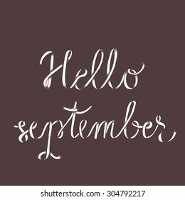 Hello september ribbon poster with lettering. Typography label with dots texture