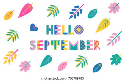 Hello SEPTEMBER. Trendy geometric font in memphis style of 80s-90s. Abstract geometric background