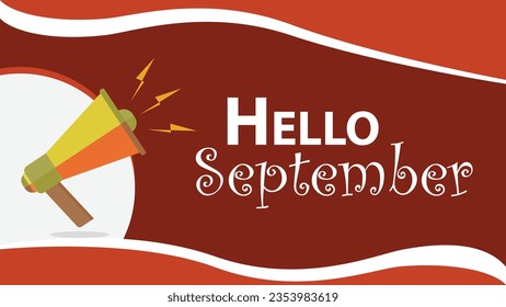 Hola diseño de banner vectorial de septiembre con formas geométricas retro y colores vibrantes. Ilustración de la celebración del Mes de Septiembre con icono del teléfono de altavoz y tipografía.