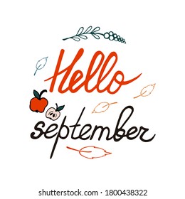Hello september vector hand painted lettering with decor