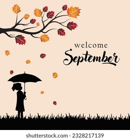 hello september.welcome septembervector background.suitable for card, banner, or poster