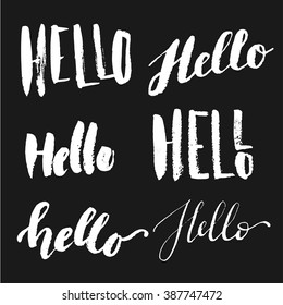 hello. set of handwritten chalk words. Black background.