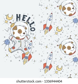 Hello. Set of seamless cute childish pattern and doodle cut image with hand drawn cute animals. Creative doodle kids for fabric, wrapping, textile, wallpaper, prints, apparel. Vector illustration