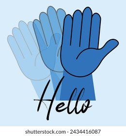 Hello shaky hand. Minimalist hello concept. Blue hand vector illustration.