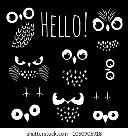 Hello sign card with cartoon owl eyes of set. Vector illustration