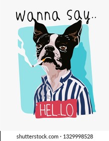 hello slogan with cartoon dog in stripe shirt illustration