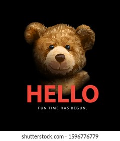 hello slogan with cute bear toy on black background illustration