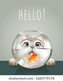 Hello slogan with cute cat looking at fish bowl illustration