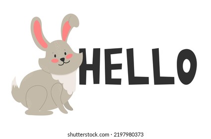 HELLO slogan with cute rabbit coming out of paper illustration