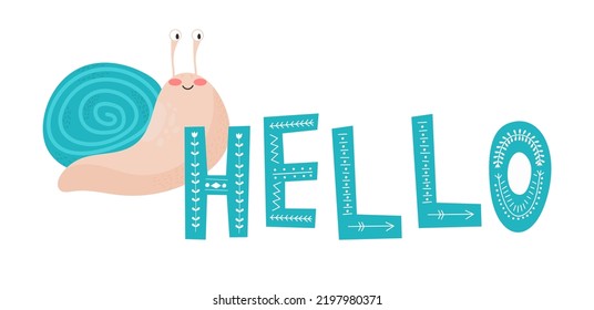 HELLO slogan with cute snail coming out of paper illustration