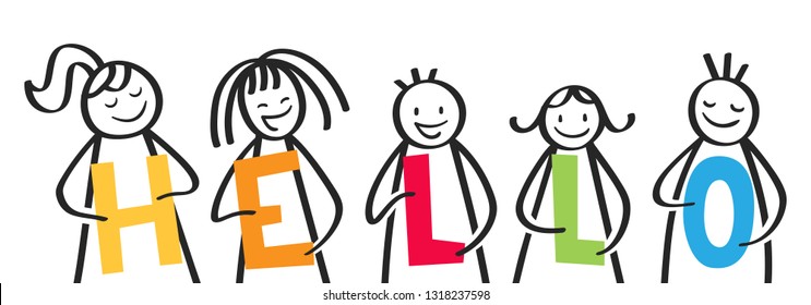 HELLO, smiling group of stick figures holding colorful letters, welcome address, kids saying hello