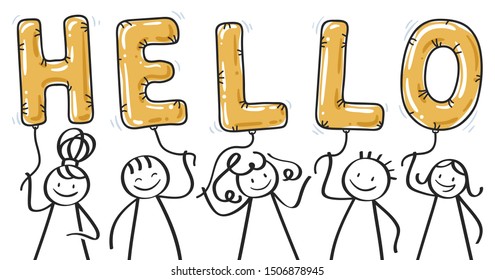 HELLO smiling stick figures holding golden balloon letters