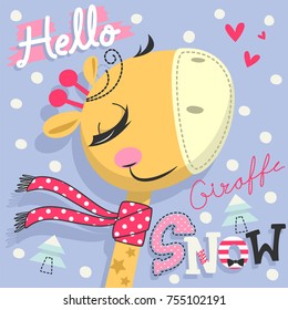 Hola nieve con tierna jirafa dibujante con bufanda en el vector de ilustración de los puntos polka.