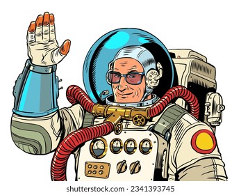 Hello from space. The astronaut in glasses smiles and waves his hand. International advertising. Pop Art Retro Vector Illustration Kitsch Vintage 50s 60s Style. On a white background