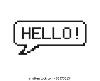 Hello in speech bubble 8-bit pixel art on white background