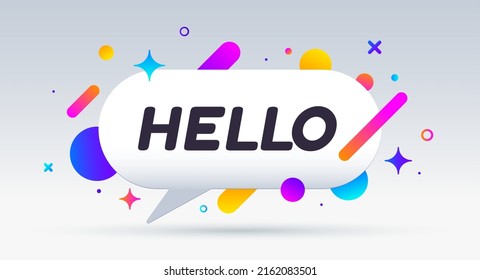 Hello, speech bubble. Banner, poster, speech bubble with text Hello. Geometric style with message hello for banner, poster. Explosion burst design, speech bubble. Vector Illustration