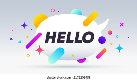 Hello, speech bubble. Banner, poster, speech bubble with text Hello. Geometric style with message hello there for banner, poster. Explosion burst design, speech bubble. Vector Illustration