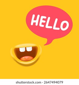 Hello Speech Bubble Character Vector, Smiling Mouth with Teeth, hello speech bubble Friendly Greeting Design, Cartoon Style Illustration, Positive Message, Sticker Label Art
