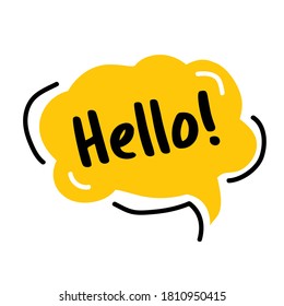 Hello! Speech Bubble. Hand drawn doodle speech bubbles. Bright Yellow thought bubbles. Vector illustration doodle style. 