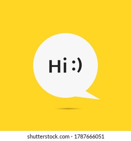 Hello Speech Bubble Icon Vector Illustration With Text For Sticker Of Poster. Hi Chat Message Flat Banner With A Simple Font. Mail Introduction Word On Cartoon Ballon For Chat Talk Yellow Poster. V1