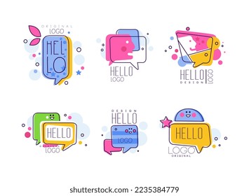 Hello Speech Bubble Logo Design with Smile and Face Vector Set