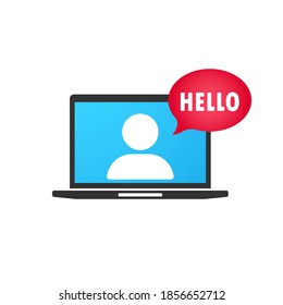 Hello. Speech bubble. Online training in laptop icon in flat style. Online webinar. E learning icon. Vector illustration