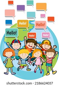 Hello speech bubbles with cartoon character illustration