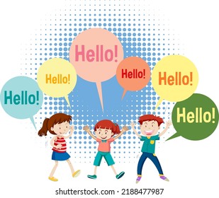 Hello speech bubbles with cartoon character illustration