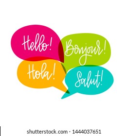 Hello speech bubbles vector lettering. English, French and Spanish. Motivational inspirational quote. T-shirt, wall poster, mug print
