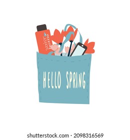 Hello Sping. Bouquet of flowers in blue shopping bag. Beautiful hand drawn floral card. print or poster with hand written text. Vector lettering illustration. Summer accessory for woman, girl