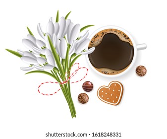 Hello spring, 1 march, 8 march,  realistic snowdrop, martisor, chocolate, biscuit and coffee, spring symbol, floral banner, season bouquet vector illustration 