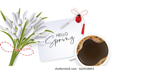 Hello spring, 1 march, 8 march,  realistic snowdrop, martisor, ladybug and coffee, spring symbol, floral banner, season bouquet vector illustration 