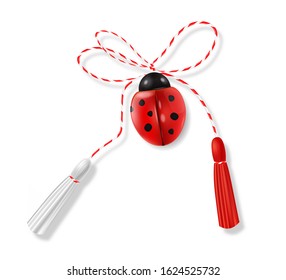 Hello spring, 1 march, 8 march,  realistic martisor with ladybug, spring symbol, march banner, season decoration vector illustration 