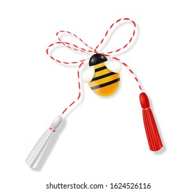 Hello spring, 1 march, 8 march,  realistic martisor with bee, spring symbol, red and white march banner, season decoration vector illustration 